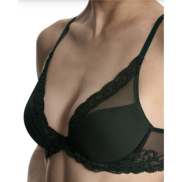 Natori Feathers Plunge Bra DK Forest Lace Mesh Underwire T-Shirt 730023 NWT - Picture 3 of 6